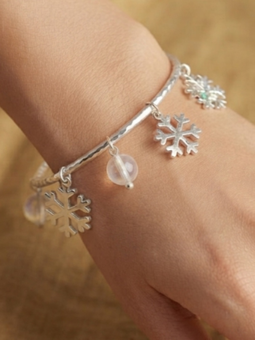 Silver Snowflake Charm Bangle Bracelet - Women's Jewelry